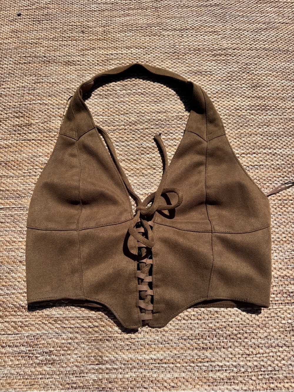 Lace-Up Halter Crop Top in Brown